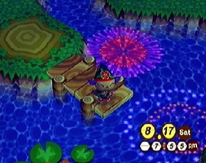 En Animal Crossing: Población: ¡en aumento! no se puede ver el cielo, así que los eventos luminosos lanzados al cielo (como los Fuegos Artificiales o la Luna de Otoño) se ven reflejados en el lago. Para poder verse bien, la jugadora se pone sobre el muelle para alcanzar a verlos lo mejor posible.