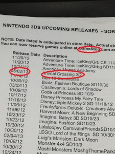 ¡La fecha de salida de Animal Crossing: New Leaf en España!¡En Game Stop! ¡rodeado todo de rojo! En japón se pone el mes antes que el dia, por eso pone 05/02/13, 13 es 2013, año. Un amigo me pregunto donde lo vi cuando se lo dige.
