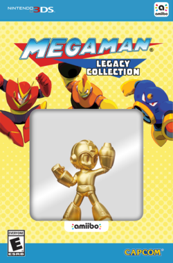 Archivo:Pack del juego Mega Man Legacy Collection y el amiibo de Mega Man dorado.png