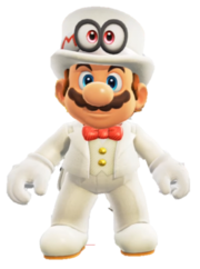 Mario con la gorra y el traje nupcial.