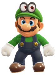 Mario con la gorra y el traje de Luigi.