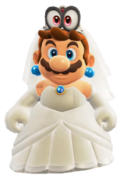Mario con el vestido y el velo nupcial.
