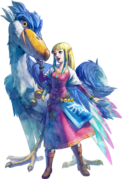 Archivo:Zelda junto a un pelícaro azul en The Legend of Zelda Skyward Sword.png