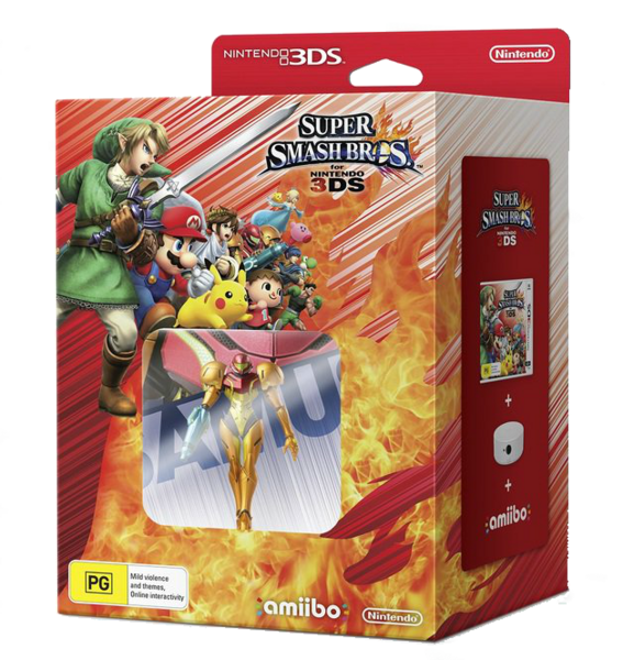 Archivo:Paquete con Super Smash Bros. for Nintendo 3DS, lector NFC y amiibo de Samus (Nueva Zelanda).png