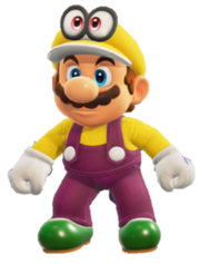 Mario con la gorra y el traje de Wario equipado.