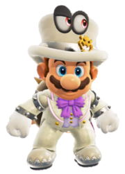 Mario con la gorra y el traje nupcial de Bowser.