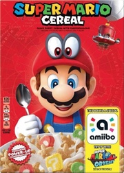 Caja de los cereales Super Mario Cereal, mostrando su función como amiibo.