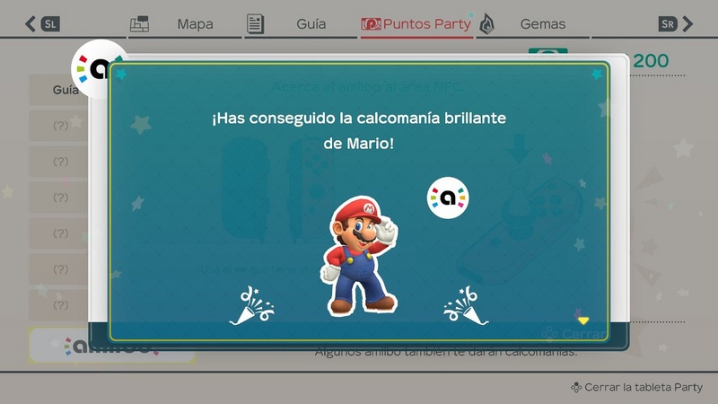 Archivo:Calcomanía brillante desbloqueada con amiibo en Super Mario Party.jpg