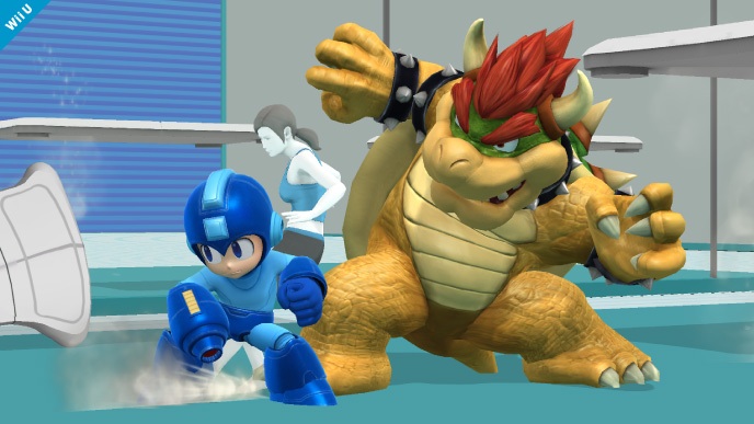 Archivo:Mega Man, Bowser y entrenadora de Wii Fit SSB4 (Wii U).jpg