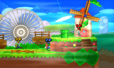Archivo:Mario, Luigi y La Entrenadora de Wii Fit en el escenario de Paper Mario SSB4 (3DS).jpg