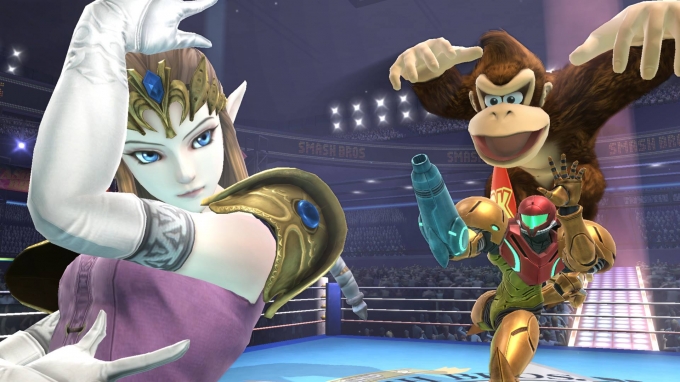 Archivo:Zelda, Donkey Kong y Samus en el Ring de boxeo SSB4 (Wii U).jpg