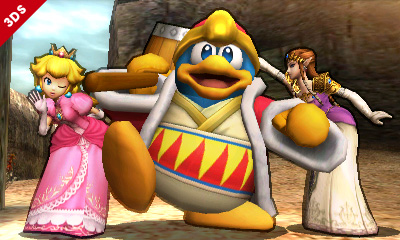 Archivo:Rey Dedede, Peach y Zelda en el Valle Gerudo SSB4 (3DS).jpg