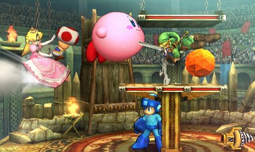 Archivo:Peach, Kirby, Link y Mega Man en el Coliseo de Regna Ferox SSB4 (3DS).png