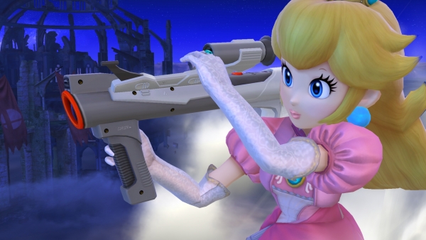 Archivo:Peach sosteniendo una Nintendo scope en el campo de batalla SSB.4 (Wii U).jpg