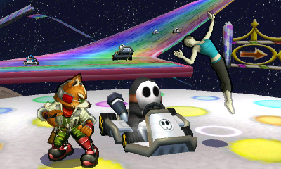 Archivo:Fox, la Entrenadora de Wii Fit y los Shy Guys en la Senda Arco Iris SSB4 (3DS).jpg