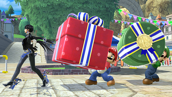 Archivo:Bayonetta, Mario y Luigi en las Islas Wuhu SSB4 (Wii U).jpg