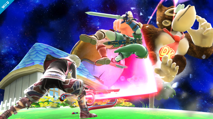 Archivo:Shulk atacando a Link y Donkey Kong en Mario Galaxy SSB4 (Wii U).jpg