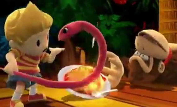 Archivo:Lucas haciendo su burla al lado de Donkey Kong en Selva Kongo SSB4 (Wii U).png