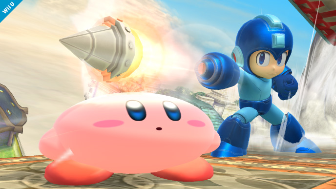 Archivo:Mega Man atacando a Kirby con su Crash Bomber SSB4 (Wii U).jpg