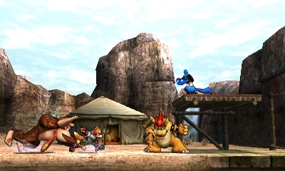 Archivo:Donkey Kong, Fox, Lucario y Bowser en el Valle Gerudo SSB4 (3DS).jpg