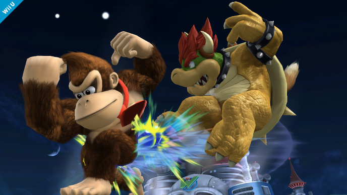 Archivo:Donkey Kong atacando a Bowser con su ataque aéreo hacia atrás SSB4 (Wii U).jpg
