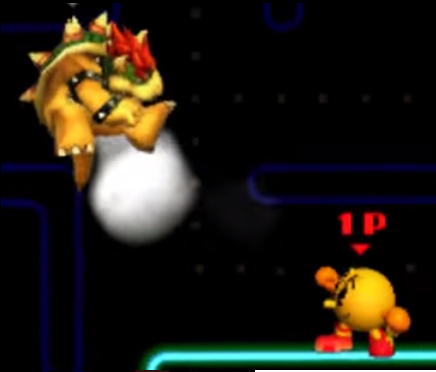 Archivo:Pac-Man Usando Su Lanzamiento Delantero Contra Bowser SSB 3DS.png