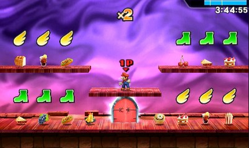 Archivo:Mario alrededor de varios potenciadores y comida en el Smashventura.png
