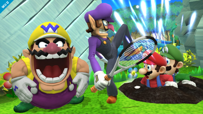 Archivo:Wario y Waluigi atacando a Mario y Luigi en el Reino Champiñón U SSB4 (Wii U).jpg