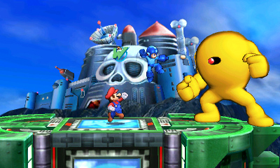 Archivo:Mario y Mega Man junto con Yellow Devil en el Castillo de Wily SSB4 (3DS).jpg