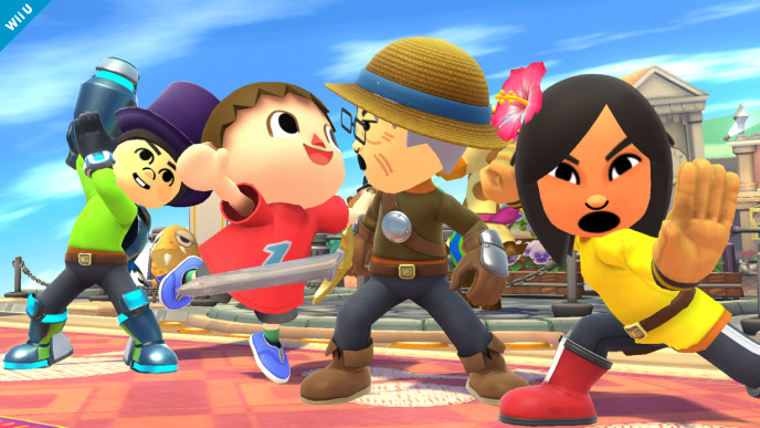 Archivo:El Aldeano junto a los Combatientes Mii en Sobrevolando el pueblo SSB4 (Wii U).jpg