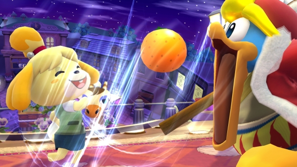 Archivo:Canela lanzándole una fruta al Rey Dedede SSB4 (Wii U).jpg