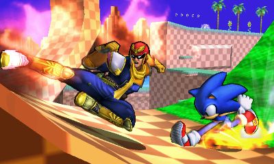 Archivo:Captain Falcon y Sonic en la Zona Green Hill SSB4 (3DS).jpg