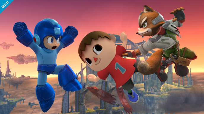 Archivo:Mega Man, Aldeano y Fox en el Campo de batalla SSB4 (Wii U).jpg