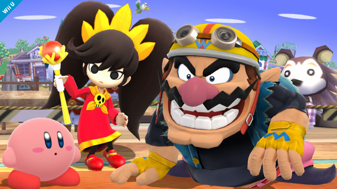 Archivo:Wario, Kirby y Ashley en Sobrevolando el pueblo SSB4 (Wii U).jpg