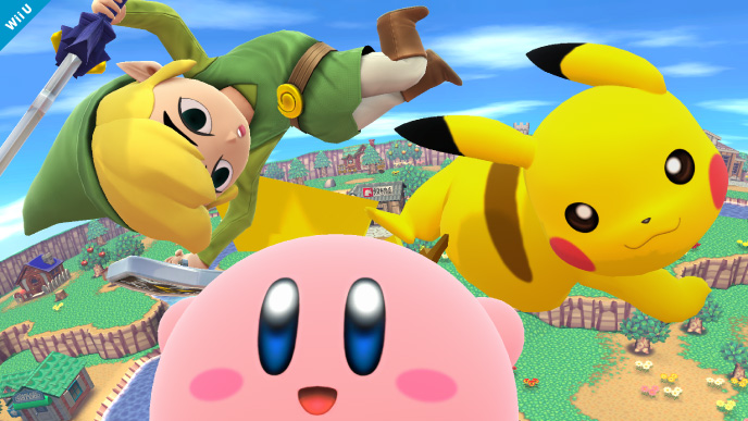 Archivo:Toon Link Kirby y Pikachu en Ciudad Smash SSB4 (Wii U).jpg