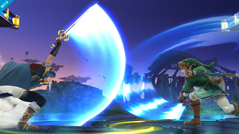 Archivo:Marth y Link cruzando sus espadas en combate - (SSB. for Wii U).jpg