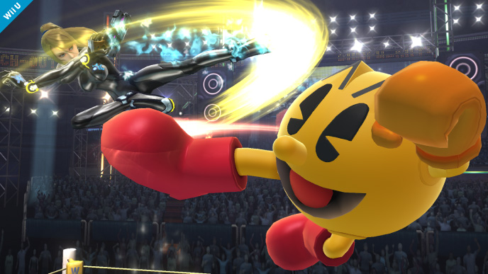 Archivo:Samus Zero y Pac-Man en el Cuadrilátero SSB4 (Wii U).jpg