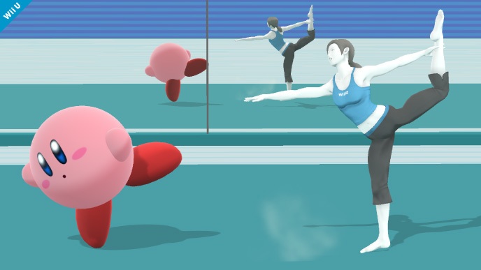 Archivo:Kirby y la entrenadora de Wii Fit SSB4 (Wii U).jpg