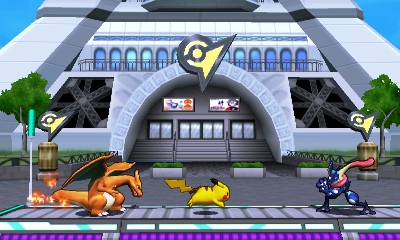 Archivo:Charizard, Pikachu y Greninja en la Torre Prisma SSB4 (3DS).jpg
