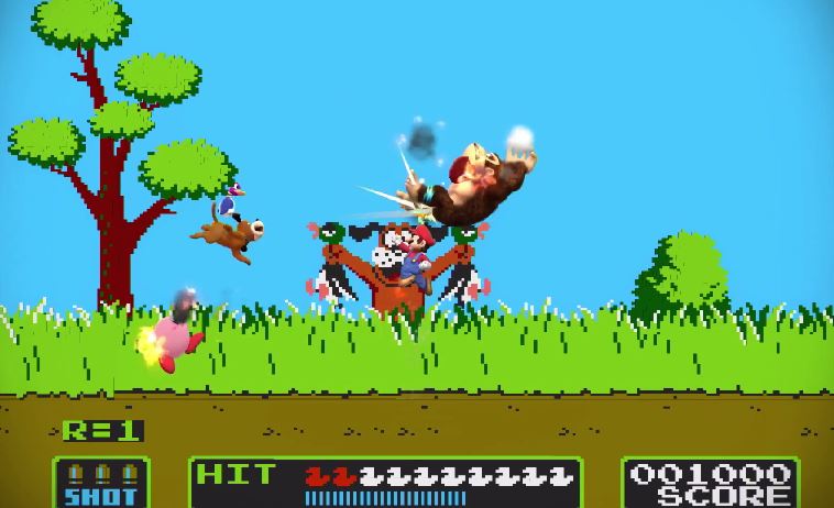 Archivo:Mario, Donkey Kong y el Dúo Duck Hunt en el escenario Duck Hunt SSB4 (Wii U) (1).jpg