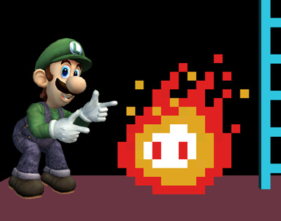 Archivo:Luigi cerca de una llama de fuego SSBB.jpg