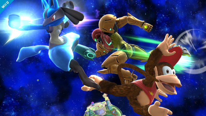 Archivo:Diddy Kong usando su ataque aéreo hacia atrás contra Samus y Lucario SSB4 (Wii U).jpg
