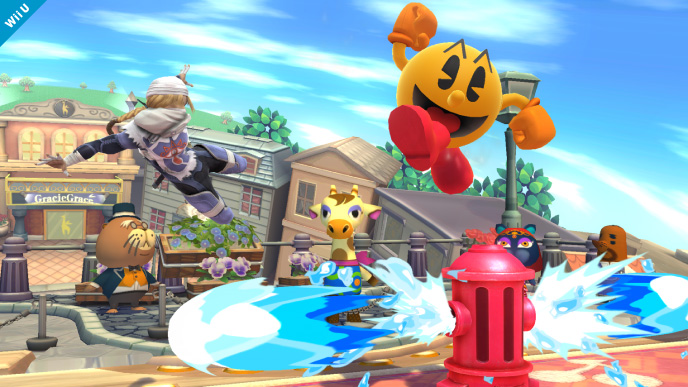 Archivo:Sheik y Pac-Man en Sobrevolando el pueblo SSB4 (Wii U).jpg