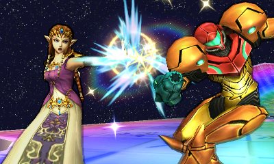 Archivo:Zelda usando su ataque normal contra Samus en la Senda Arco Iris SSB4 (3DS).jpg