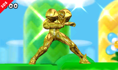 Archivo:Samus dorada en el escenario Llanuras Doradas SSB4 (3DS).jpg