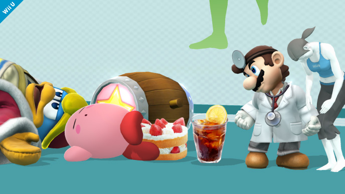 Archivo:Dr. Mario, la Entrenadora de Wii Fit, Kirby y el Rey Dedede en la Sala de Wii Fit SSB4 (Wii U).jpg