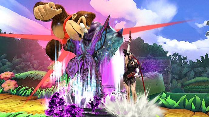 Archivo:Bayonetta atacando a Donkey Kong en la Jungla escandalosa SSB4 (Wii U).jpg