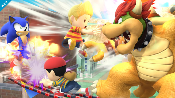 Archivo:Sonic, Bowser, Lucas y Ness luchando en Onett SSB4 (Wii U).jpg