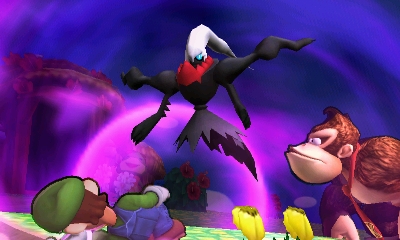 Archivo:Darkrai junto a Luigi y Donkey Kong en Isla Tortimer SSB4 (3DS).jpg