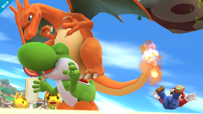 Archivo:Charizard haciendo un salto banqueta sobre Yoshi SSB4 (Wii U).png